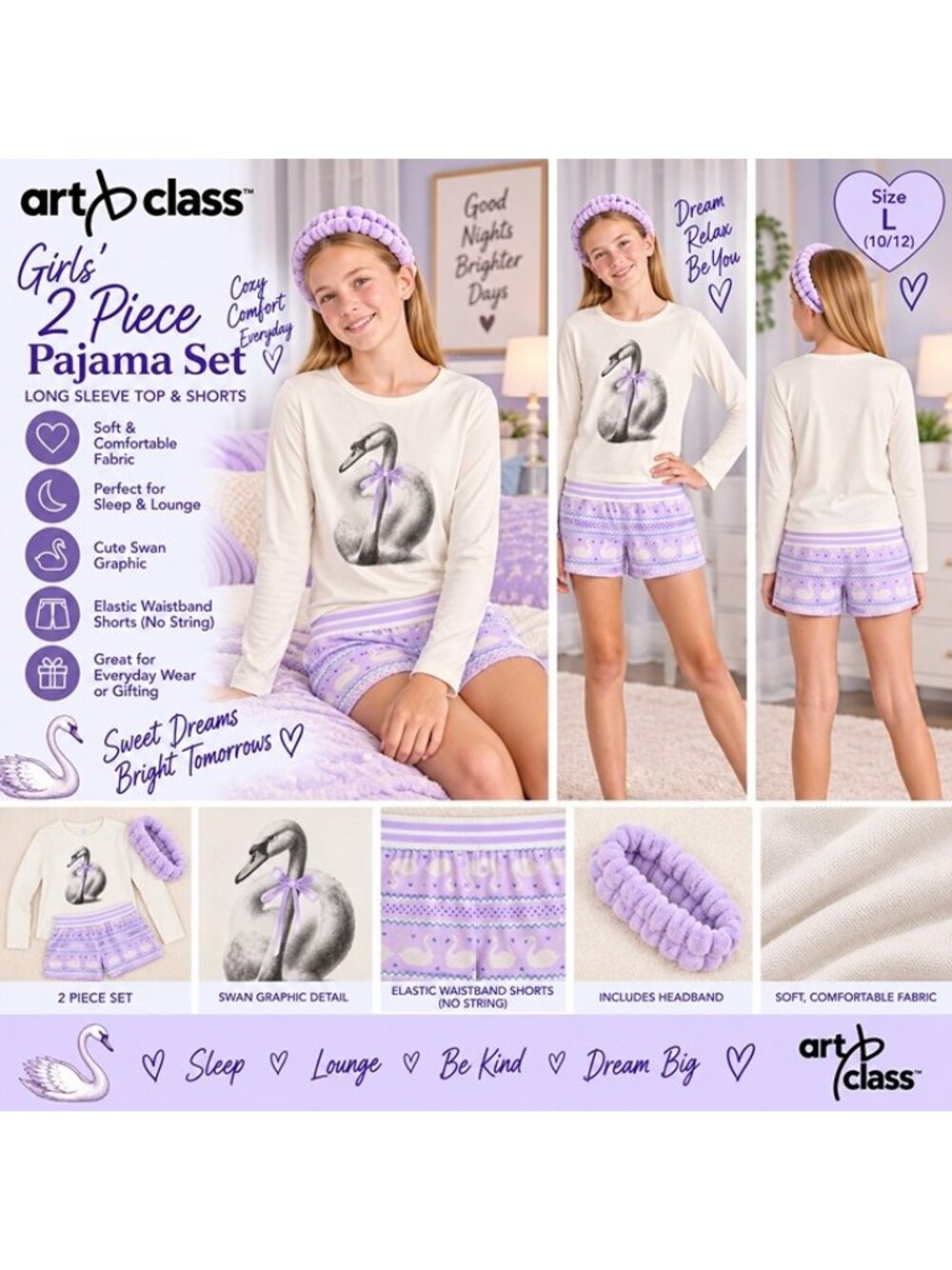 Art Class Girls Swan Pajama Set Shorts Headband Size L 10/12 Purple NWT